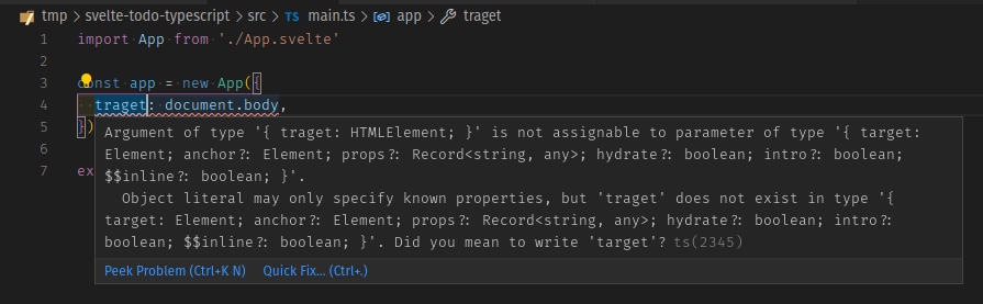 type checking in vs code - App object has been given an unknown property traget