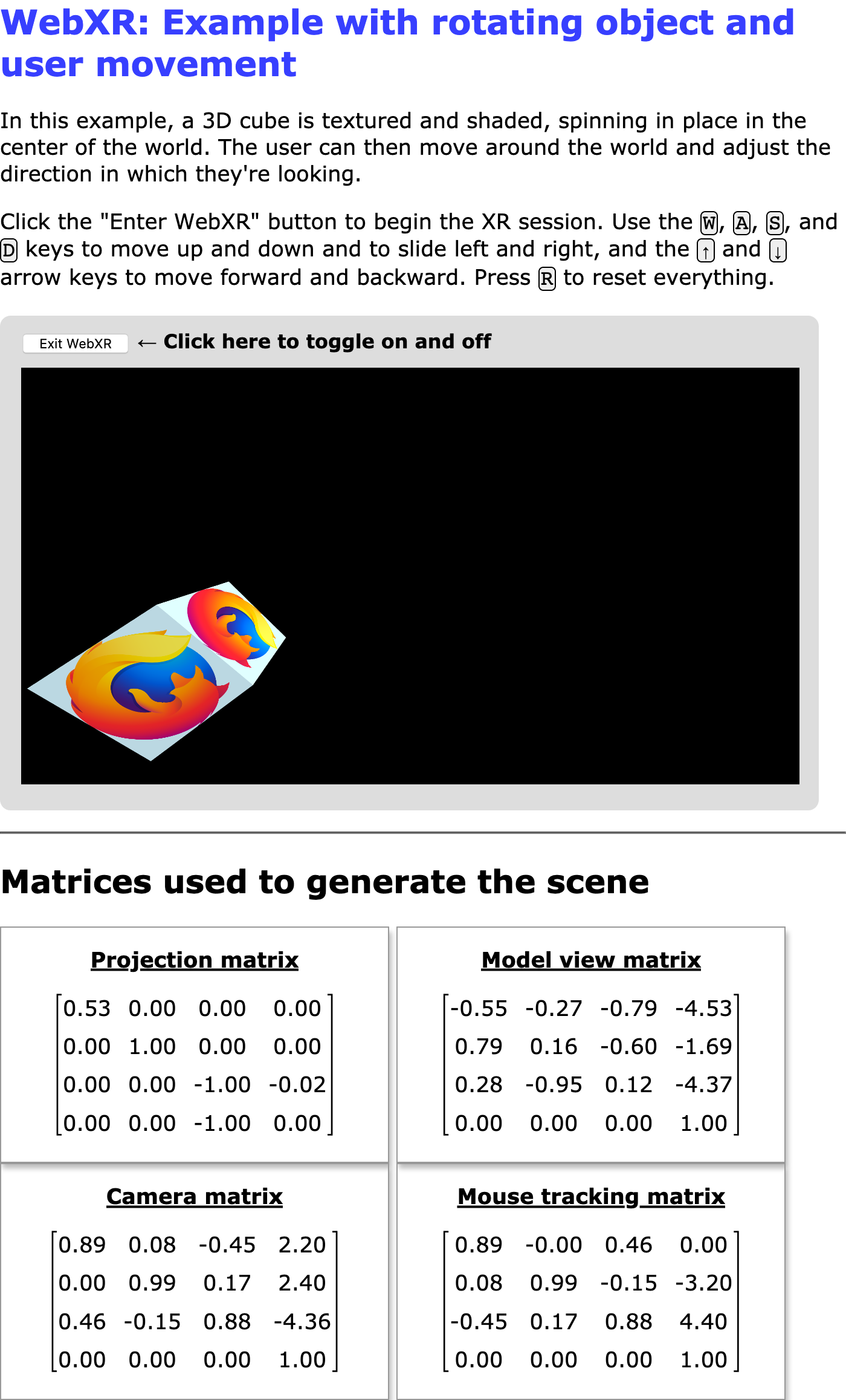 Screenshot of example showing a textured cube the use can move around