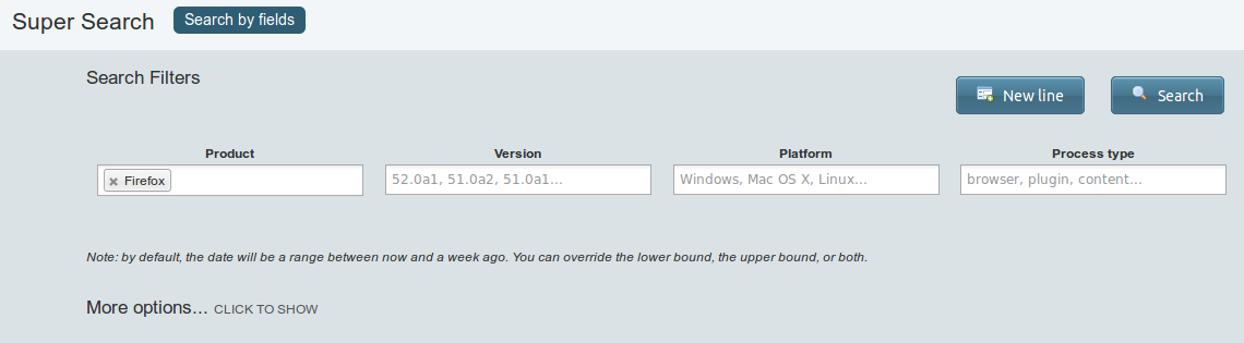 Results of a default search in crash-stats