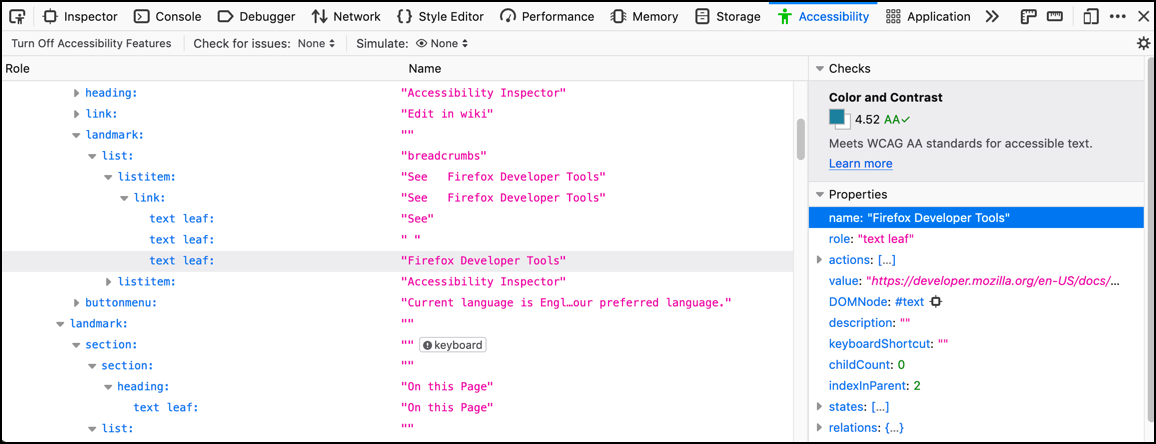 Accessibility tab in firefox devtools, turned on, showing two information panels plus a button labelled Turn Off Accessibility Features