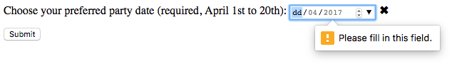 The input field has an overlaid speech balloon, with an orange exclamation mark icon and the message “Please fill in this field.”