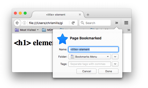A webpage being bookmarked in firefox; the bookmark name has been automatically filled in with the contents of the <title> element