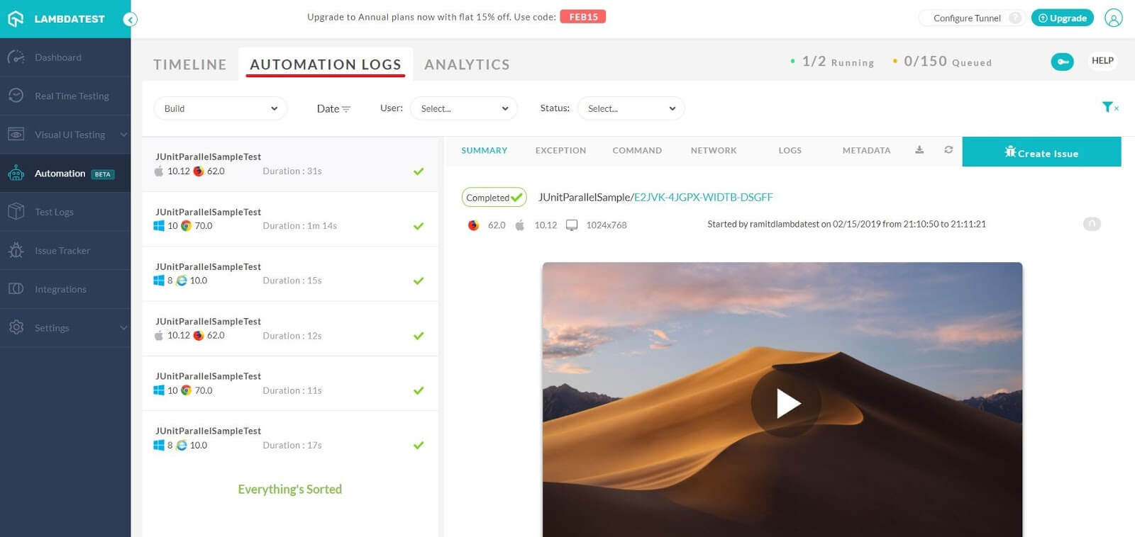 LambdaTest Automation Dashboard