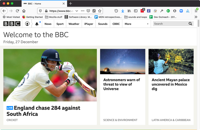 frontpage of bbc.co.uk, showing many news items, and navigation menu functionality