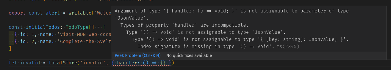 vs code showing an error with using our store &mdash; it fails when trying to set a local storage value to something incompatible with json stringify