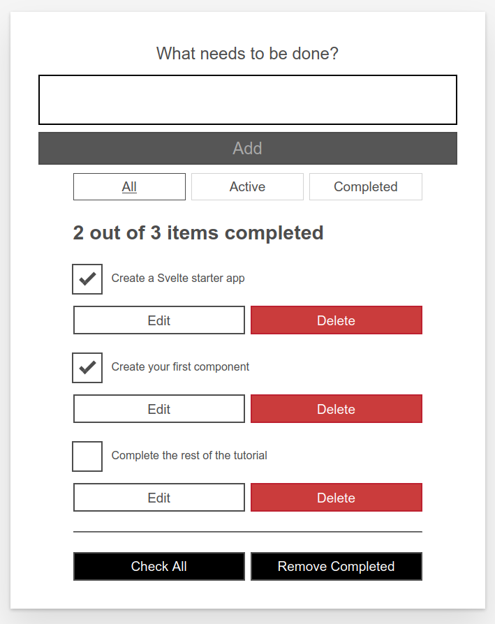 typical todo list app, with a title of 'what needs to be done', an input to enter more todos, and a list of todos with checkboxes