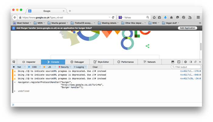 A browser notification reads “Add Burger handler (www.google.co.uk) as an application for burger links?”, and offers an “Add Application” button and a close to ignore the handler request.
