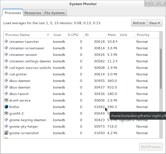 Finding the Firefox PID using a system monitoring tool (Linux screenshot).
