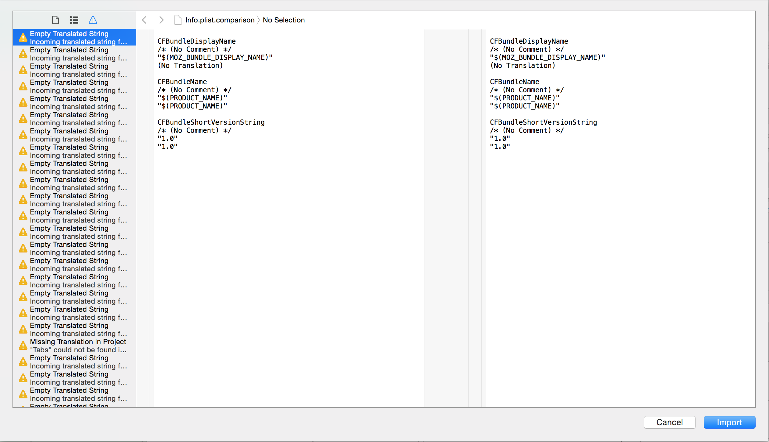 XLIFF diff screen (step 4)