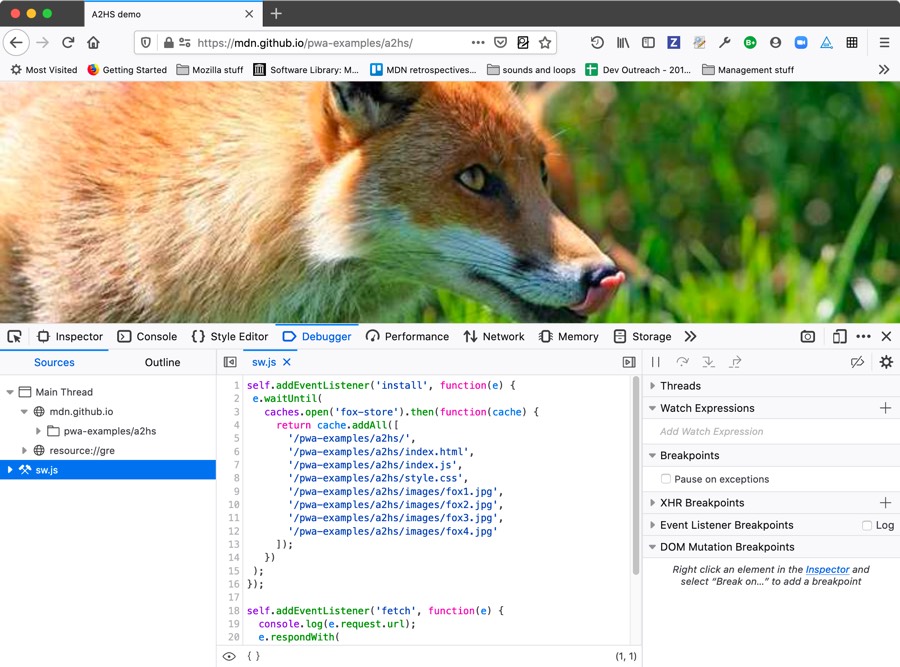the firefox JS debugger show the code for a service worker