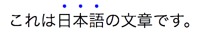 Emphasis (shown in blue for clarity) applied above a fragment of Japanese text Emphasis marks appear over each emphasized character in horizontal Japanese text.
